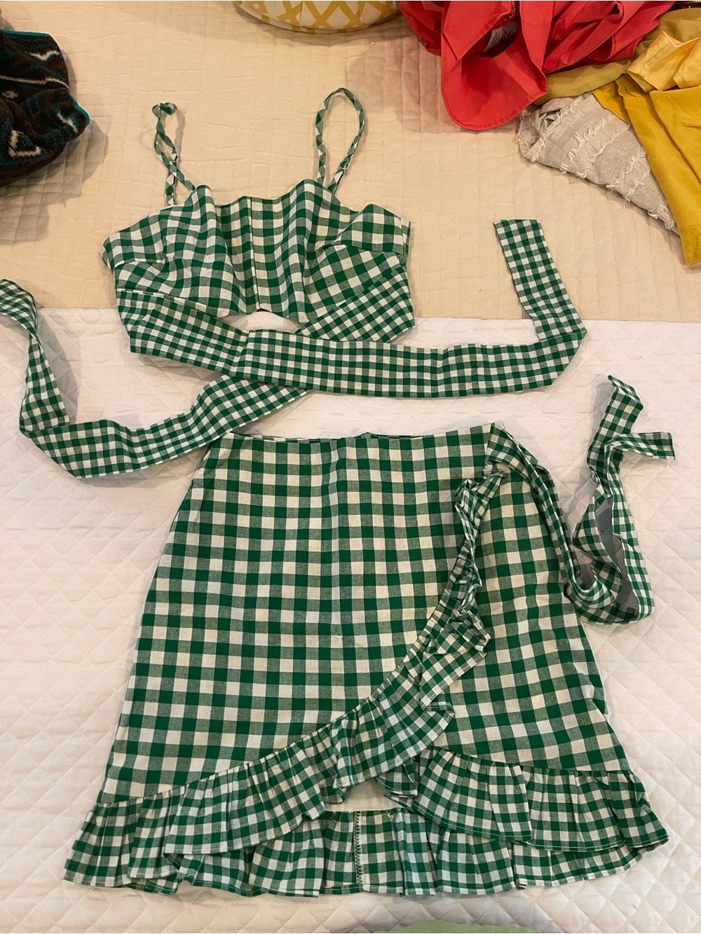Glamorous Green Gingham Asymmetrical Ruffle Wrap Skirt